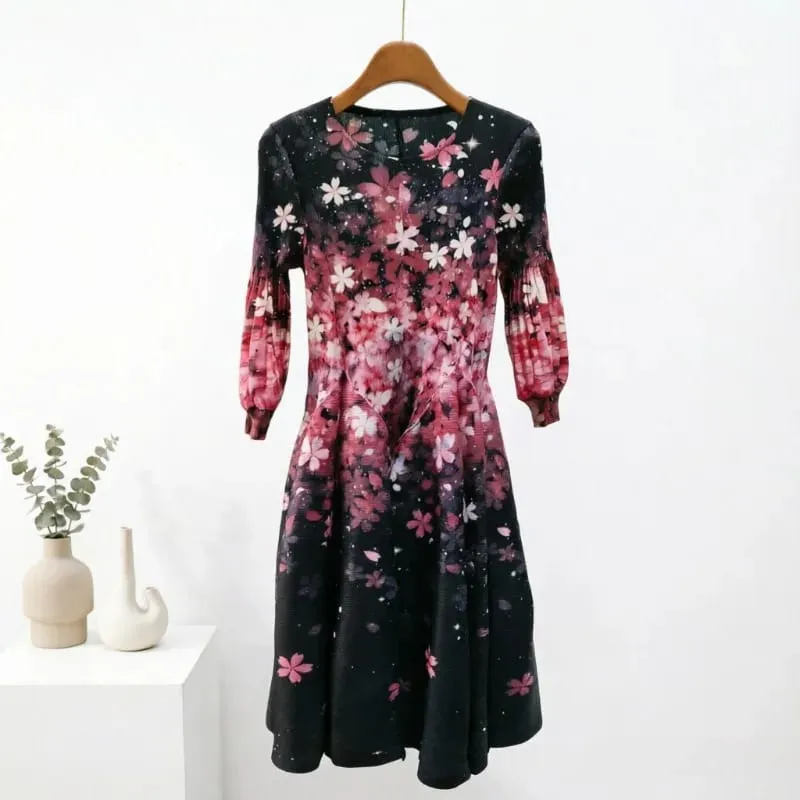 Miyake Plissee Kleider 2026 Herbst Neue Sanfte Französisch Druck Elegante Stretch Plus Größe frauen Langarm Bounce Blume Knospe kleid