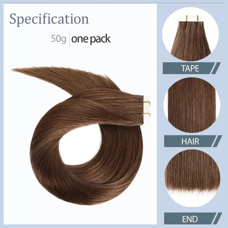 #4 Extensiones de cabello con cinta marrón Cabello humano 50 g Extensiones con cinta de cabello humano 20 piezas Cinta en marrón oscuro Marrón chocolate sin costuras