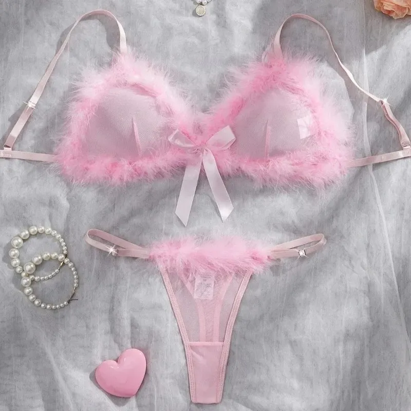 Underclothes Furry Women's Underwear Mesh Transparent Wireless Lingerie Set Bow Decor Romantic Intimate Bra Panties Suit Home