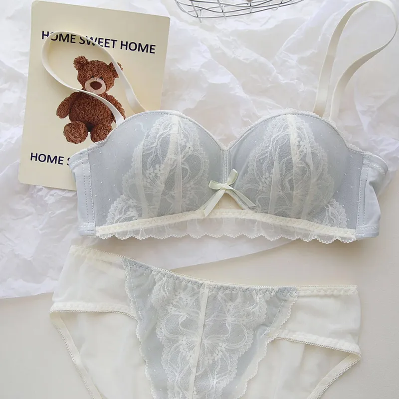 Conjunto de Bralette de encaje de copa Demi francesa Sexy, sujetador de realce inalámbrico para mujer, sin aros, cómodo, sin relleno, Sexy, dulce sujetador para adolescentes AB