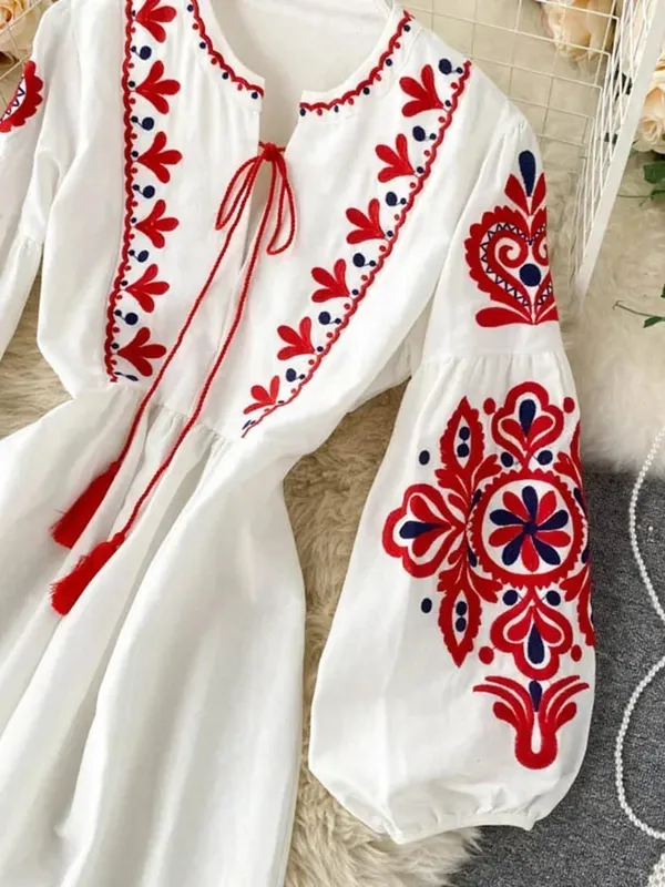 Γυναικεία φθινοπωρινά φορέματα Bohemian κεντημένα λουλούδια με λαιμόκοψη φανάρι μανίκι ψηλόμεσο πλισέ Φόρεμα All-match Γυναικείο Vestidos PL393