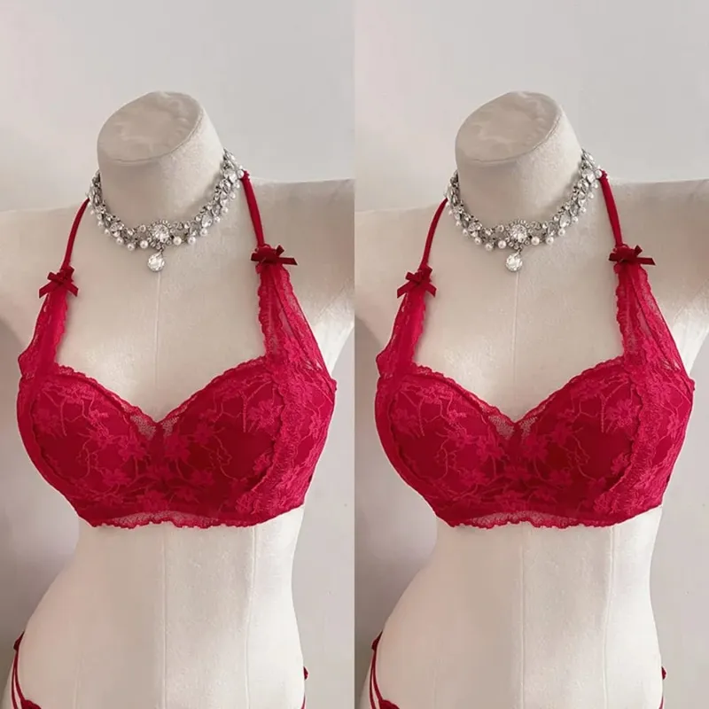 Sweet Halter Neck Bow Lace Wireless Bra Sujetador Push-up Acolchado Señoras Capas Lencería íntima para busto pequeño Tamaño 32-38 ABC