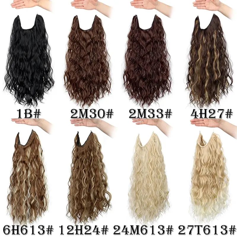 18Inch Synthetic Invisible Fish Line Hair Extensions Long Curly Wavy High Temperature Fiber Hairpiece for Women Daily Party
