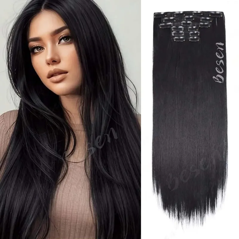 Synthetic 24Inch 16 Clips in Hair Extensions Long Straight Hairstyle Blonde Black Hairpieces Heat Resistant False Hair Daily Use