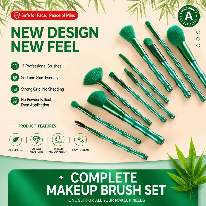 11Pcs Bamboo Makeup Brushes Kit Soft Dense Hair Multifunctional Brush Set Foundation Face Powder Eyeshadow Blush