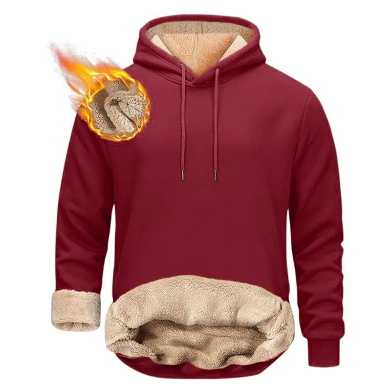 Winter Men's Warm Hoodies Sports Thick Sweatshirts Windproof Thermal Casual Solid Color Loose Long Sleeve Pullover Streetwear