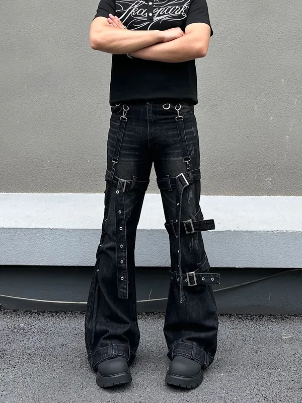 Gothic Punk Multi Buckle Strap Slim Fit Black Jeans Man Woman Ripped Vintage Techwear Bootcut Jeans