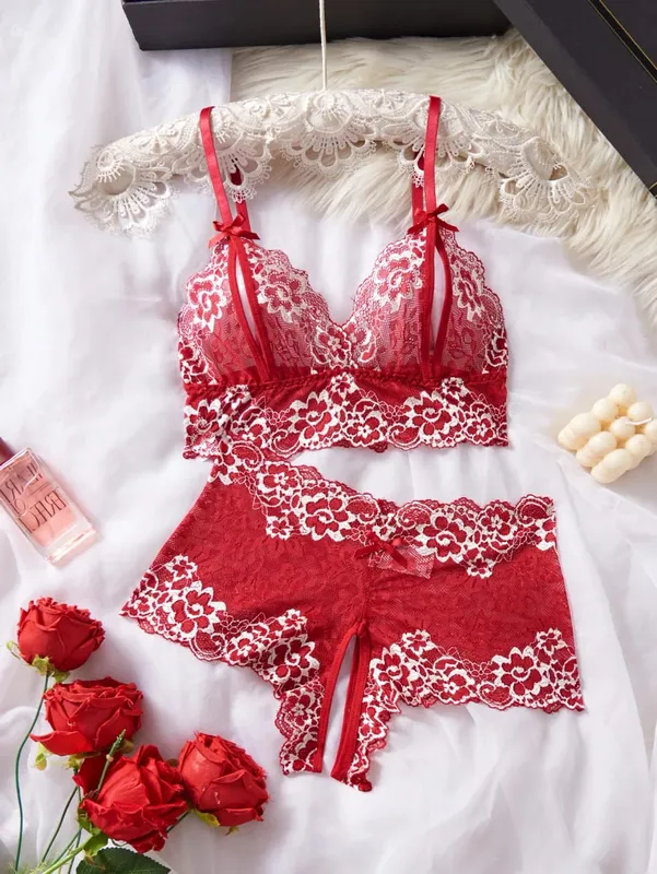Women RedBra And Panty Set Underwear Lace Trim Sleepwear