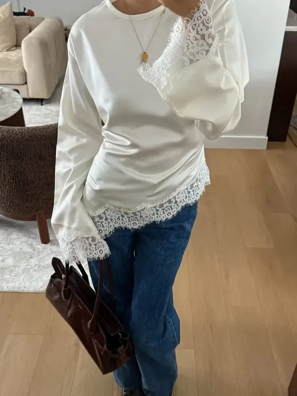 Women Elegant Lace Patchwork Lace-up Dress Solid Round Neck Full Sleeve Satin Loose Mini Dresses 2026 Spring Party Club Vestido