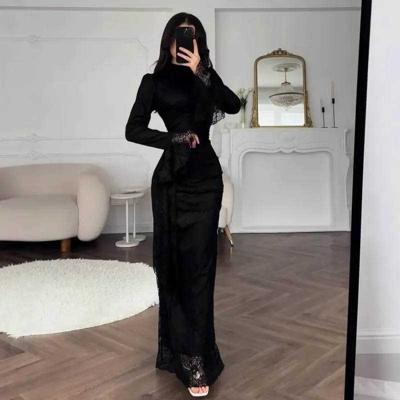 Women Lace Fitted Dresses Solid Evening Dress H Line Ankle Lenth Bell Sleeve Waist Cinch Slim Fit Party Sexy Elegant 2026 Summer