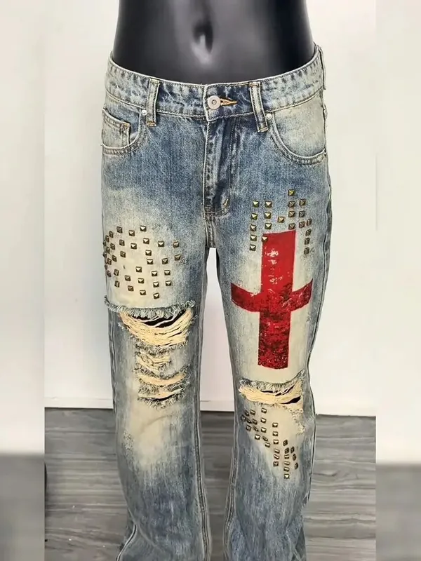 Men's Rivet Hole Design Street Retro Jeans Casual Pant Vintage Boys Straight Unisex Sweatpants Male High Waist Wide Leg Trousers