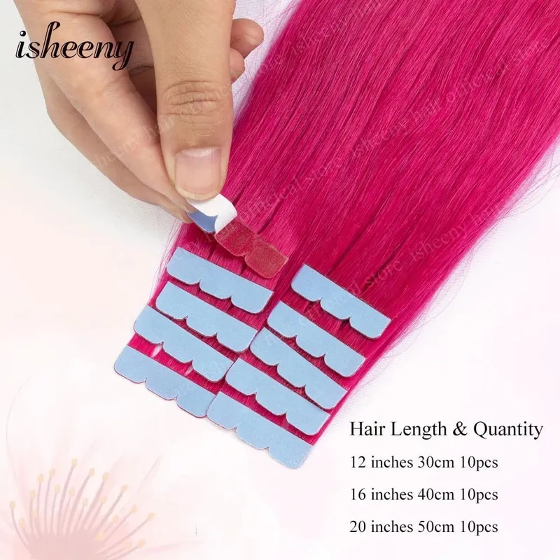Isheeny 12' 16' 20' Tape In Hair Extensions Invisible Adhesive Tape In Hair Extension 10pcs/pack Pink Purple Blue Colorful Hair