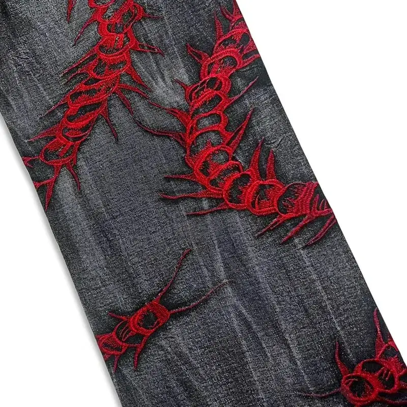 European and American style heavy industry thorn red embroidered jeans men's washed black personalized street trousers