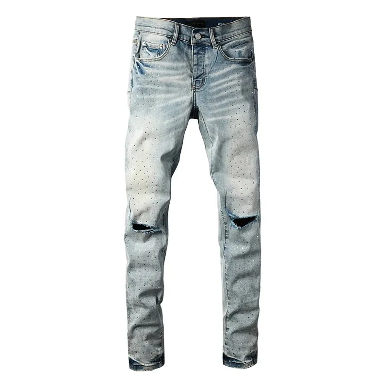 Men's Washed Distressed Skinny Ripped Jeans Light Blue Rhinestone Decor Button Fly High Street Style