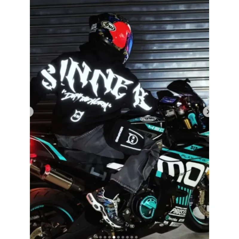 Herren Gothic Sinner Defy The Moon Print Übergroßer Kapuzenpullover Schwarz Streetwear Motorradfahren Lässiger Pullover Kapuzenpullover