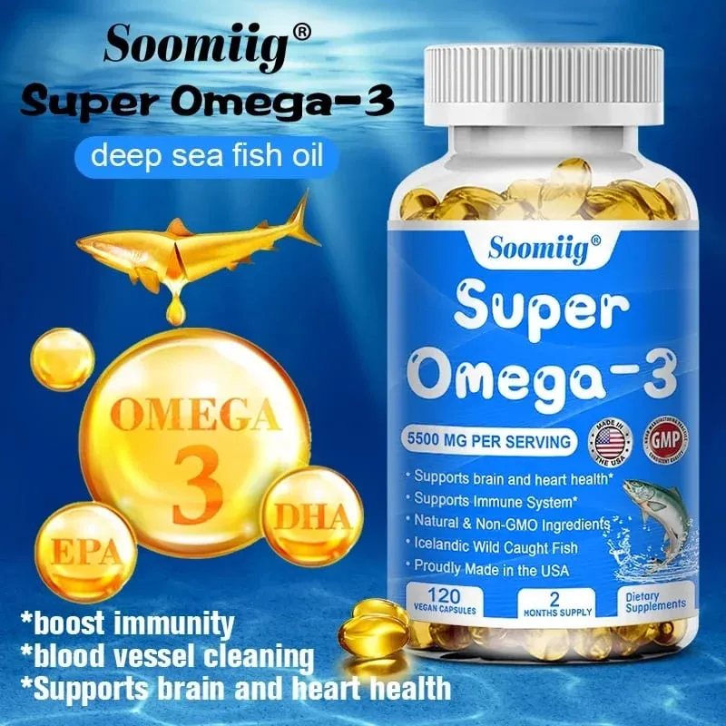 Wild Caught Super Strength Omega 3 Fish Oil 120 Softgels 5500mg High EPA 1200mg DHA 900mg Non-GMO Gluten Free Dietary Supplement