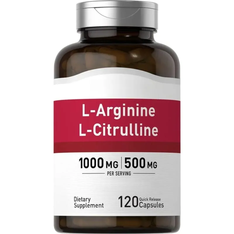 Cápsulas de suplemento de aminoácidos com contagem de 120 fornecem energia e suporte para uma vida saudável com 1000 mg de L-Arginina e 500 mg de L-Citrulina