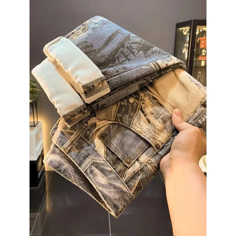 American high-end retro printed design jeans men's 2025 autumn new cool and loose straight leg long pants