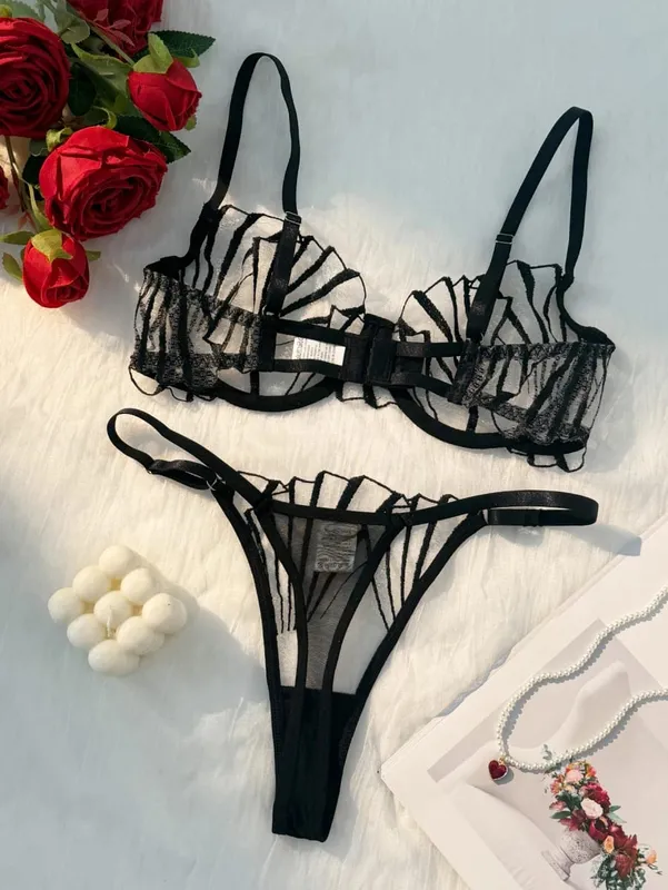 Women Black Geometric Embroidery Lingerie Set Ruffle Trim Underwire Bra Thong Sheer Mesh Stylish Intimate Underwear ZA824058