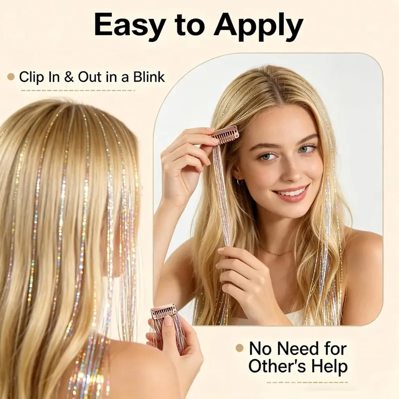 12 Pcs Clip in Hair Tinsel Sparkly Glitter Fairy Hair Extensions Shiny Hair Accessories For Girls Women Kids Party Festival