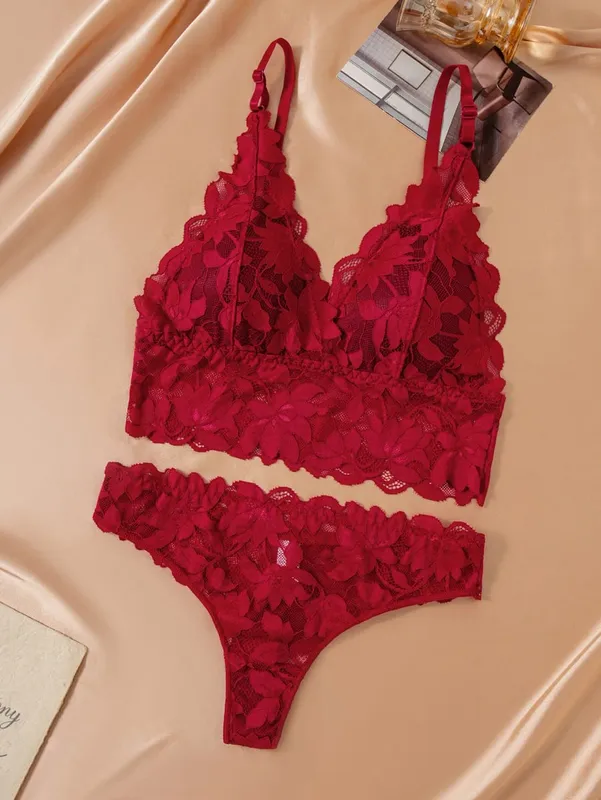 Women's Lace Bra and Panty Set Deep V Scalloped Edge 2 Piece Lingerie 2026