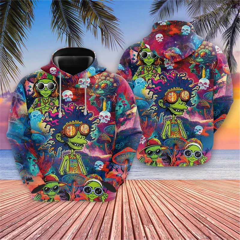 Harajuku Fashion Alien Graphic Sweatshirts Trippy Mushroom Y2k Hoodies For Men Clothes Cartoon Boy Pullovers Hip Hop UFO Hoody