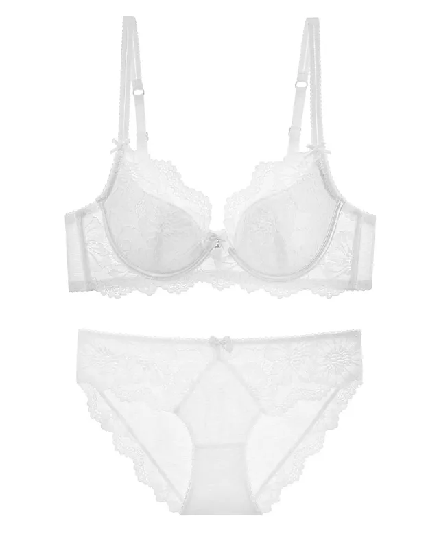 Women Lace Bra Panty Set Summer Thin Push Up Side Support Anti Sag Sexy Pure Desire Lingerie Underwear Suit 32‑38