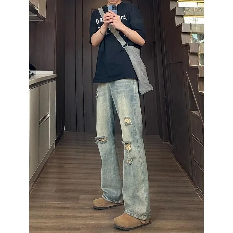 Man Pants Mens Jeans Baggy Jeans Distressed Loose Straight Leg Summer Retro High Street Casual Trousers For Men