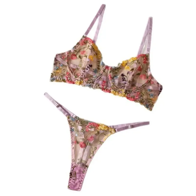 2-Piece Floral Lingerie Set Embroidery Versatile Underwear Intimates Underwire Push-up Sheer Bra Panty Set For Lady Girl