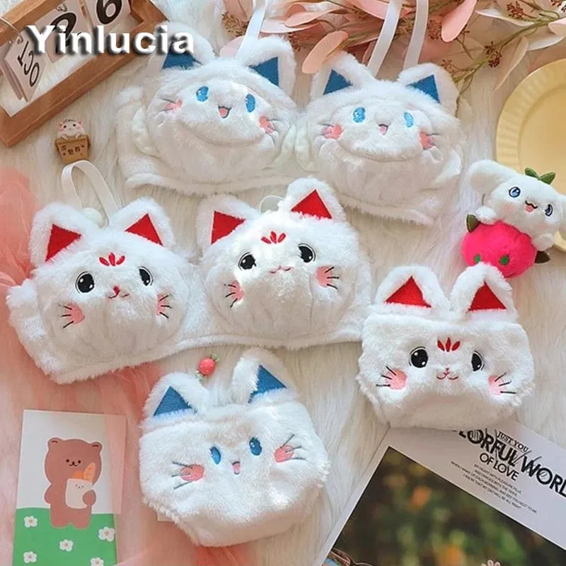 Cute Cartoon Furry Cat Ears Lingerie Bras Underpants Underwear 2 Pcs Sets Sweet Warm Winter Plush Underwear Set Christmas