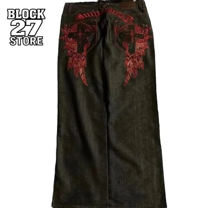 New Y2K American Retro Embroidery Jeans Unisex Wide Leg Denim Pants Hip Hop Streetwear Baggy Trousers Casual Fashion Harajuku