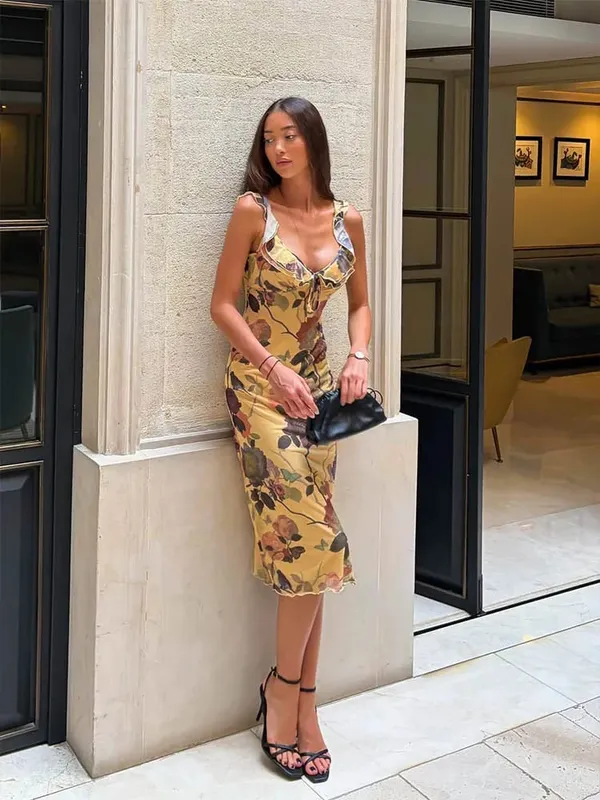 2026 New Mesh Midi Dresses V-Neck Lace-Up Sleeveless Leopard Printing Fashion Casual Street Style For Women Summer Chic