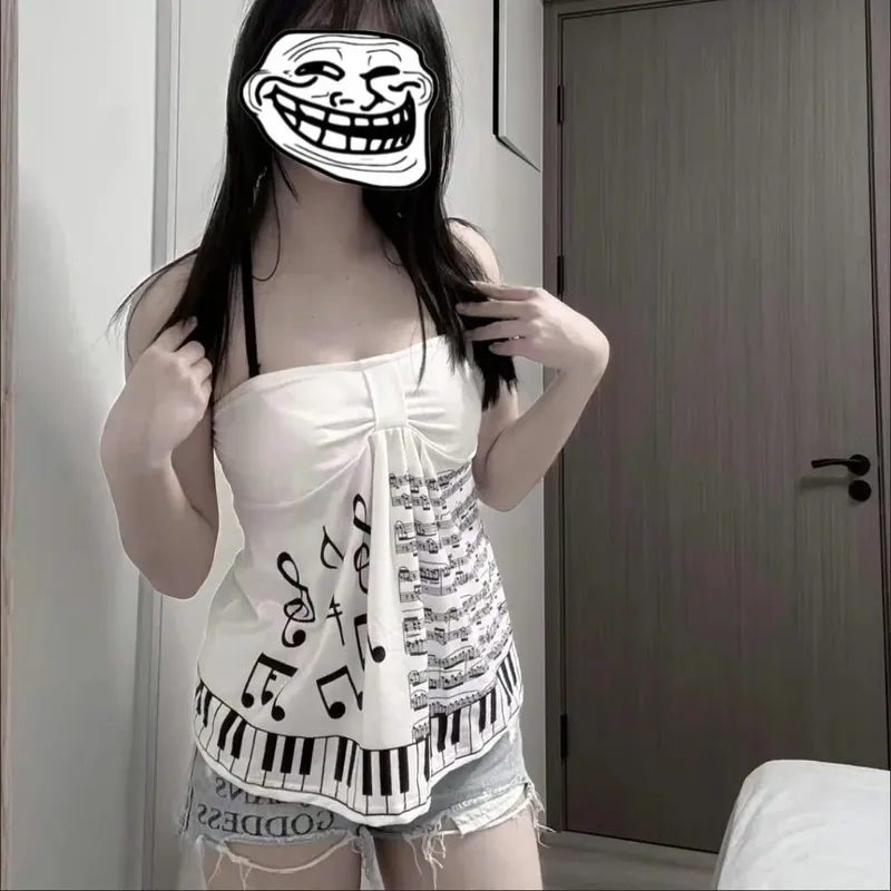 Music Note Piano Key Print Halter Tops Women Y2K Sweet Gothic Strapless Vest Bow Front Ruffle Hem Camisole Fashion Streetwear