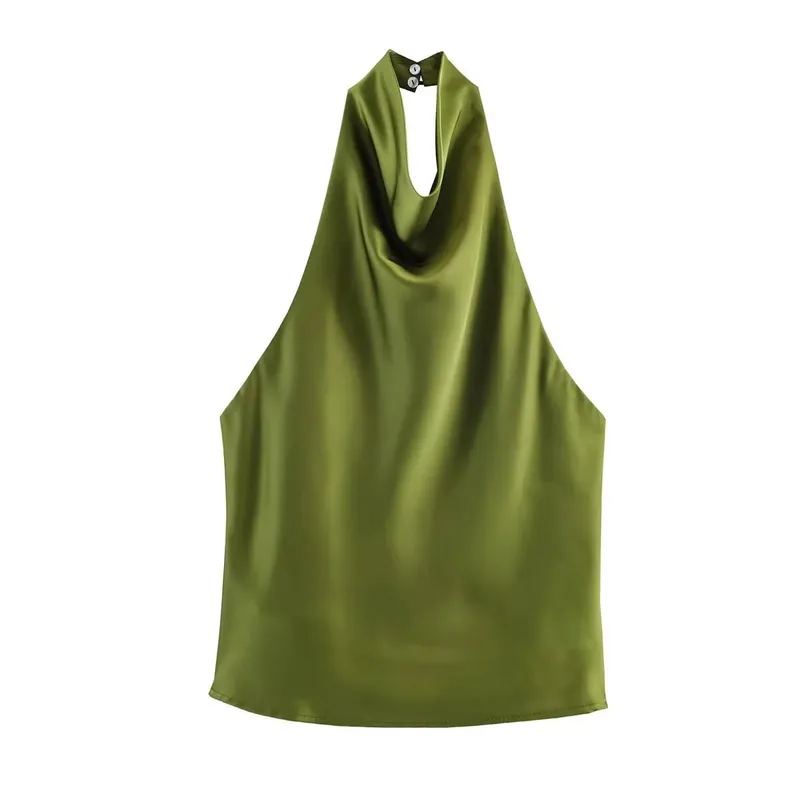 Women's Satin Halter Neck Sleeveless Top Summer Elegant Draped Collar Blouse Smooth Chic Office Party Wear Evening Outings