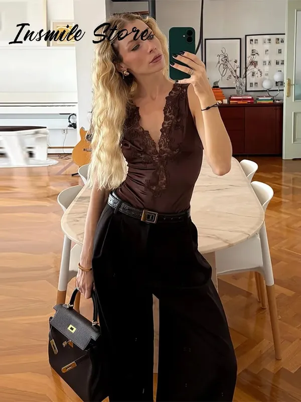 Sexy Satin Lace Patchwork Bodysuit Women V-neck Backless Sleeveless Solid Slim Fit Top 2026 Summer New Fashion Street Clothing