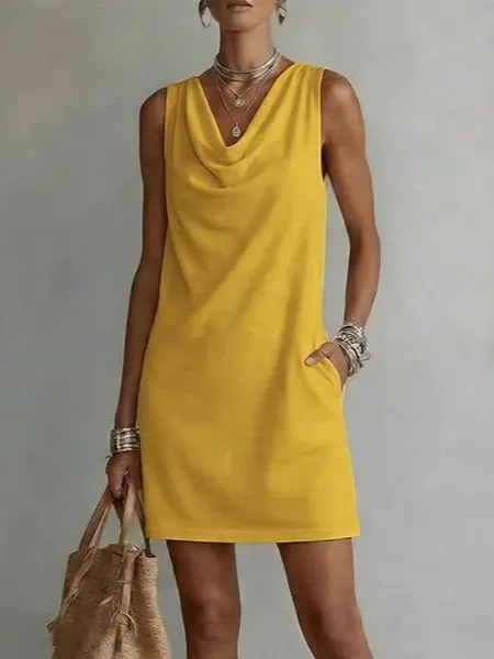 Women Casual Loose V-Neck Sleeveless Pocket Ruffles Dress Spring Summer Vest Tank Midi Dresses