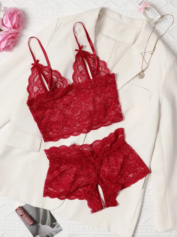 Open Bra 2 Pcs Women Lace See-Through Pajama Black Cute Clothes Comfortable Breathable Suspender Shorts Bra And Brief Set Hollow — image 4