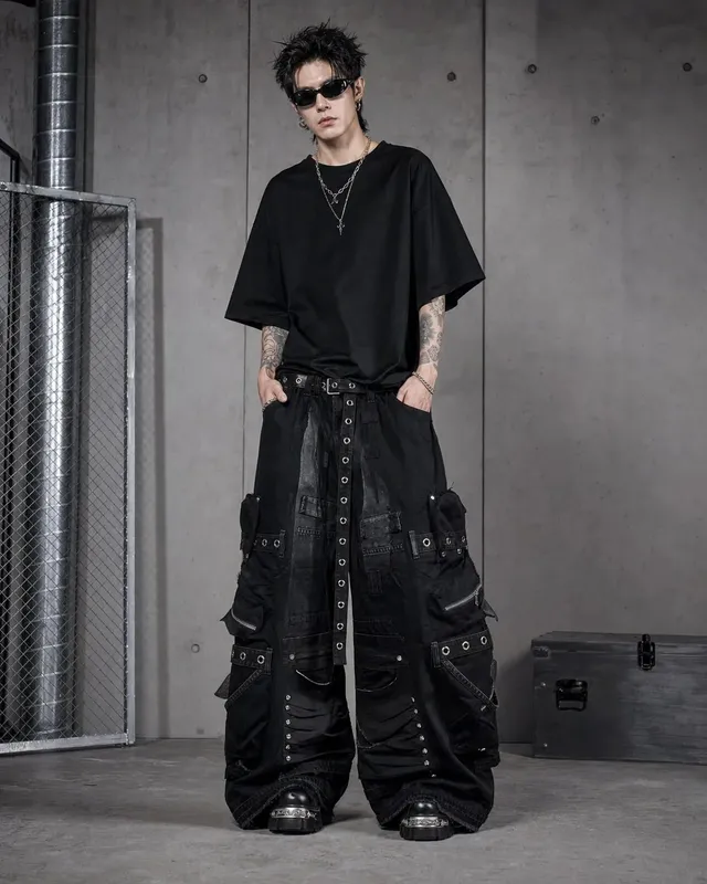 Czarne, luźne dżinsy Cargo mężczyźni kobiety ciężki, z wieloma kieszeniami na zamek błyskawiczny detale Streetwear modne spodnie na co dzień szerokie nogawki luźny krój miękkie Y2K