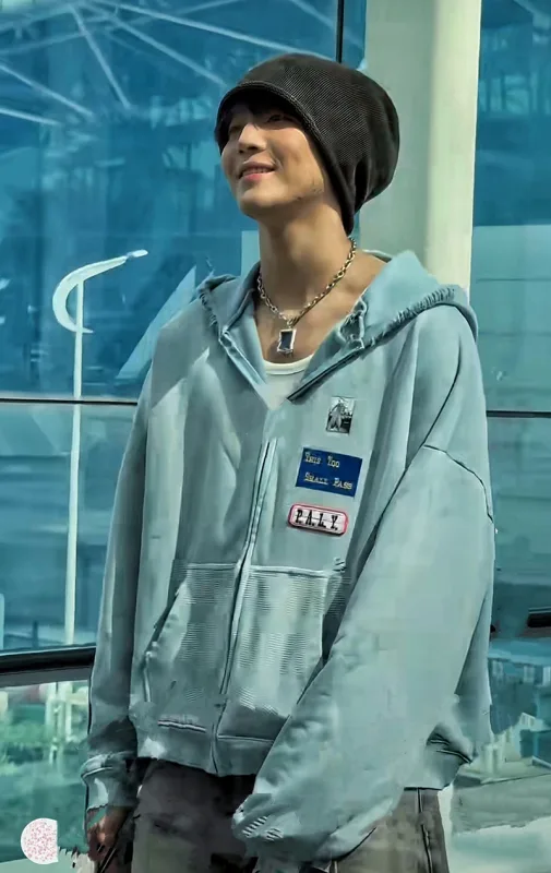 Light Blue PALY Letter Crystal Hoodie Ripped Washed Fashion Patch High Street Casual Men Women 1:1 Zipper Sweatshirts