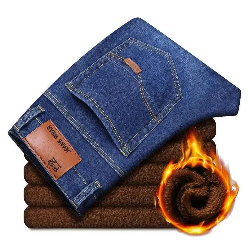 Men Plus Size 10XL Winter Warm Plush Jeans Stretch Loose Straight Baggy Denim Trousers for Comfortable Wear Oversize Streetwear