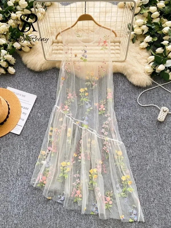 Holiday Floral Embroidery Long Dress 2026 Women O Neck Sleeveless Loose Irregular Summer French Mesh Bohemian Sundress