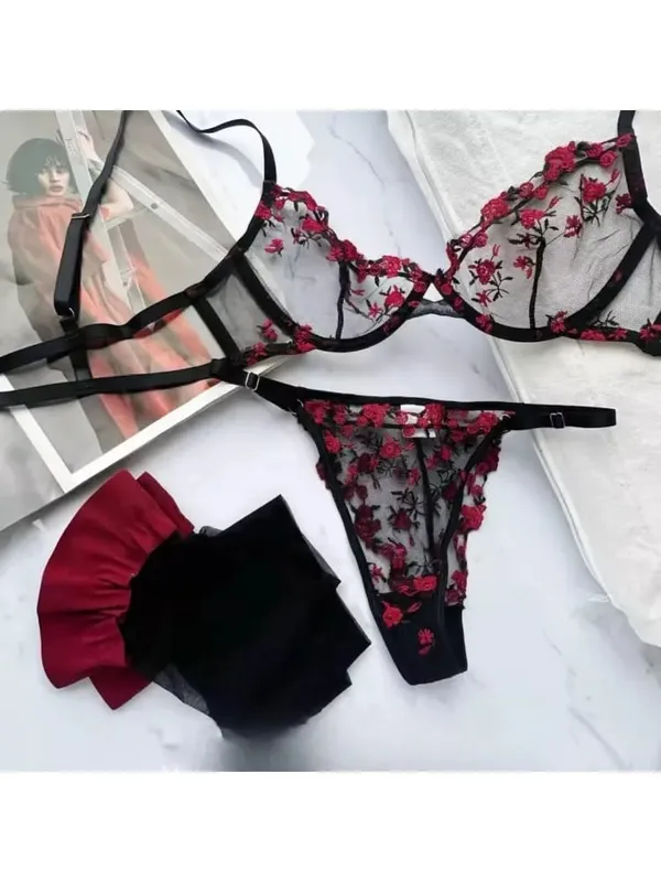 Elegant Lingerie Set-Floral Embroidery Semi-Transparent Bra & Brief Black Sensual Women's Underwear Luxury Intimates
