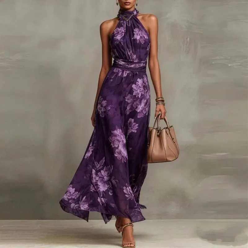 Elegant Halter Off Shoulder Hollow Party Dresses Woman Spring Floral Print Chiffon Long Dress Boho Sleeveless Summer Beach Dress