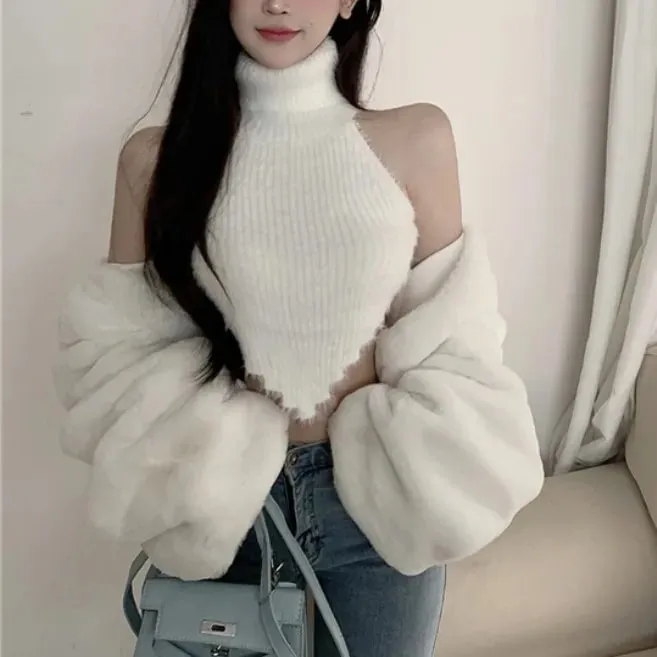 Sexy Tanks Women Knitted Hot Chic Backless Turtleneck Short Sleeveless Off Shoulder Popular Streetwear Corrugated Edge Female — image 10