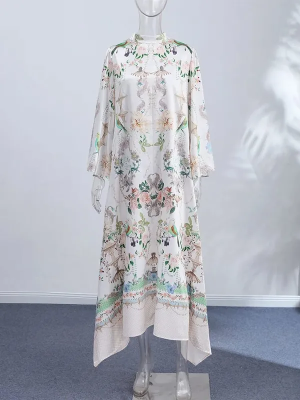 Elegant Printed Belted Maxi Dresses Women Slim Puff Sleeve Lace-up Stand Collar Dress 2026 New Ladies Summer Party Evening Grown