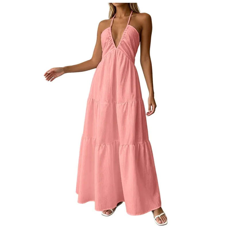 Summer Halter Neck Women's Dress Elegant Chic Wedding Party Beach Dress Backless Flowy Vacation Boho Sling Long Dresses Women