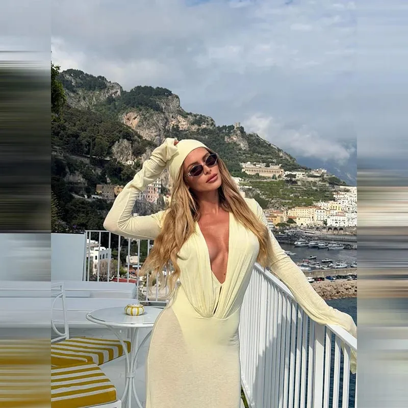 Women's Sexy Sheer Mesh Long Sleeve Maxi Dress Deep V Neck Long Sleeve Party Gown Stylish Lady Ruched Slim Fit Club Beach Wear