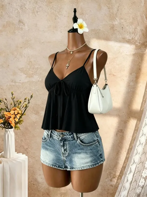 Women V Neck Spaghetti Strap Front Tie Ruched Waist Flared Peplum Cami Top 2026 Summer Y2K Solid Black Casual Beach Vacation Loo