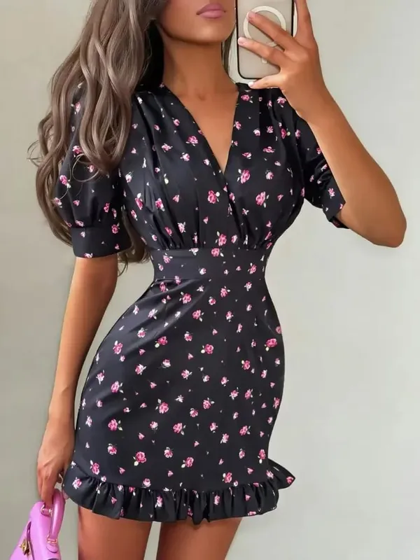 Women Rose Floral Print Mini Dress Fashion V-neck Puff Sleeve Waistband Ruffle Hem Casual Dresses 2026 Summer Lady Holiday Gowns