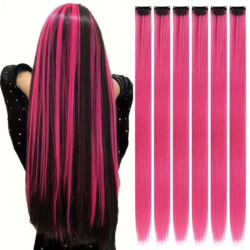 22Inch Synthetic Long Straight 6pcs Hair Extension Clip in Fashion Color Hair Rainbow for Women Daily Use